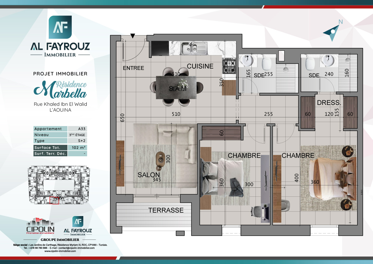 Plan de l'appartement A33 de la résidence Marbella