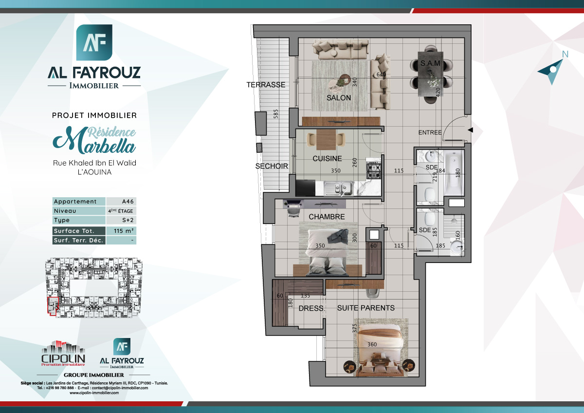 Plan de l'appartement A46 de la résidence Marbella