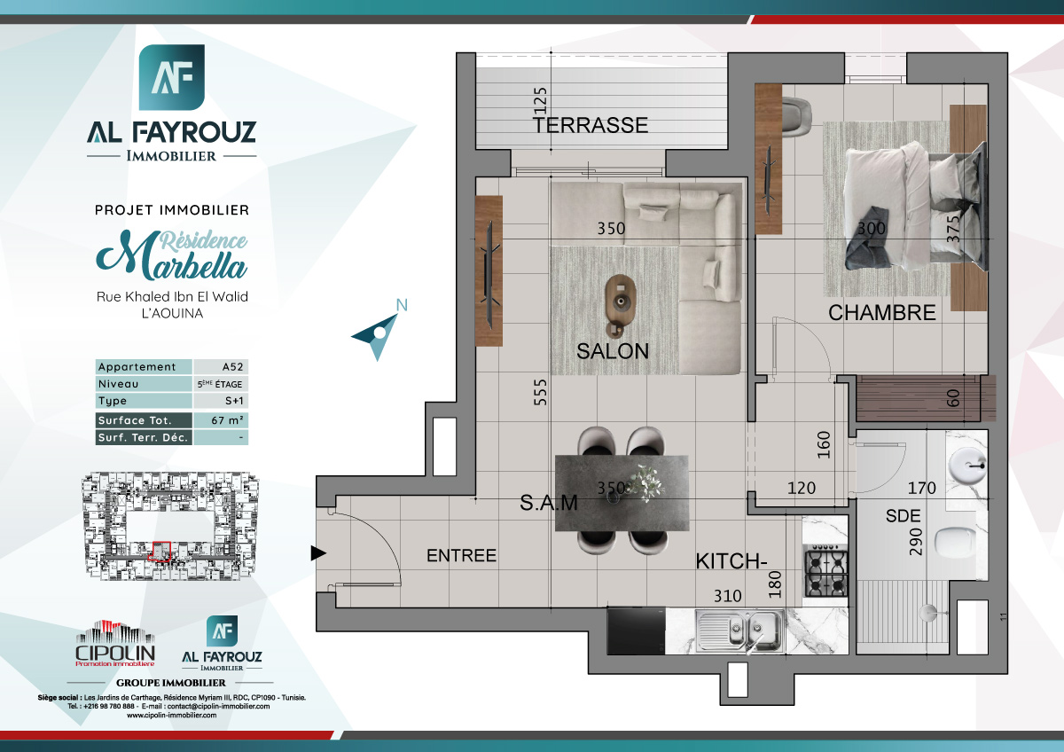 Plan de l'appartement A52 de la résidence Marbella