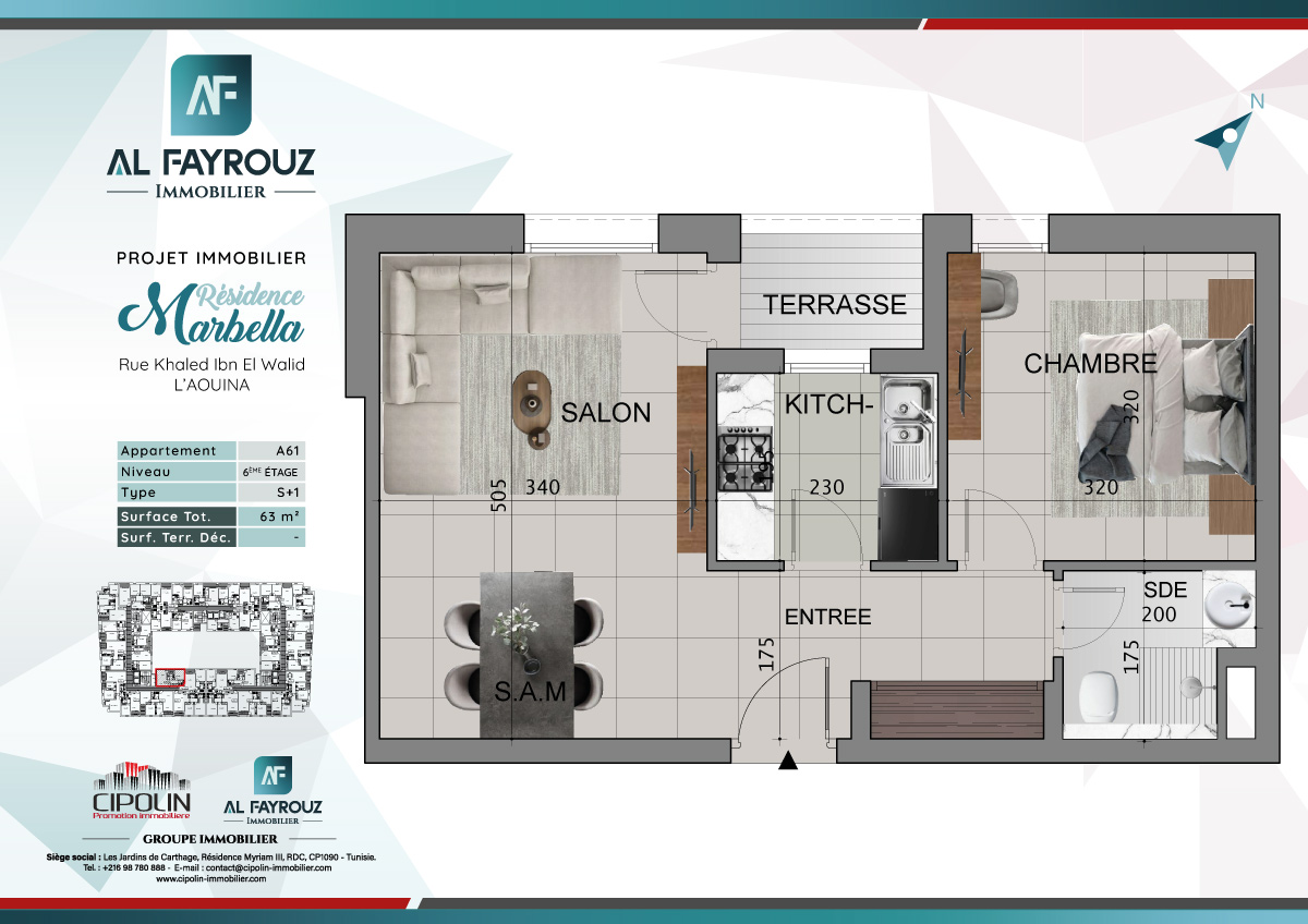 Plan de l'appartement A61 de la résidence Marbella