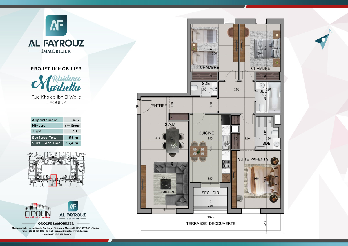 Plan de l'appartement A62 de la résidence Marbella