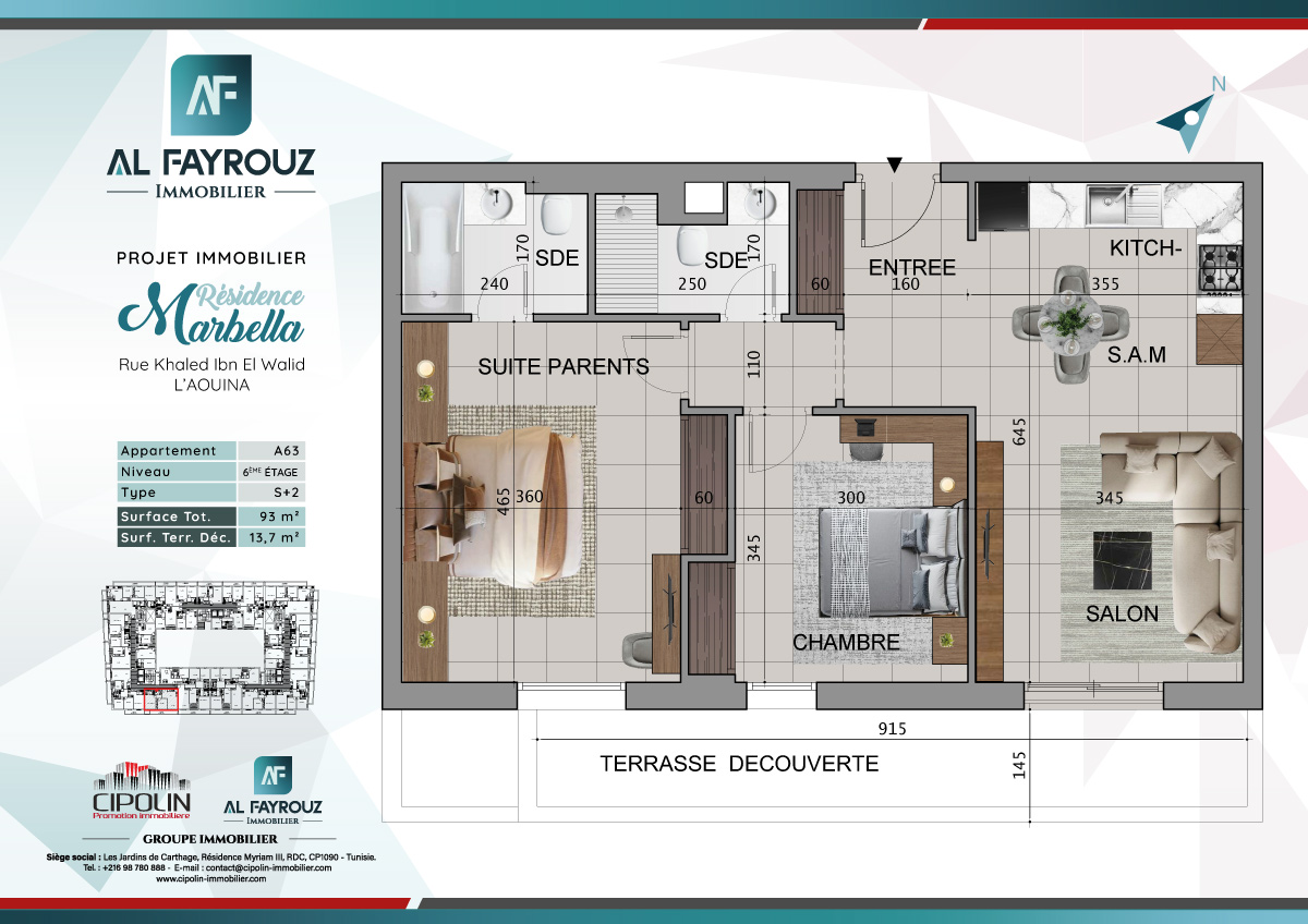 Plan de l'appartement A63 de la résidence Marbella