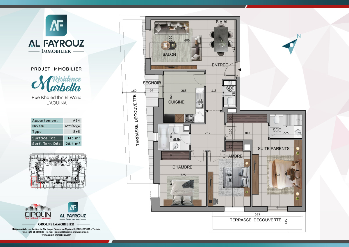 Plan de l'appartement A64 de la résidence Marbella