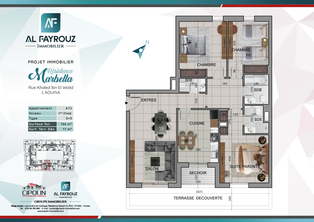 Plan de l'appartement A72 de la résidence Marbella