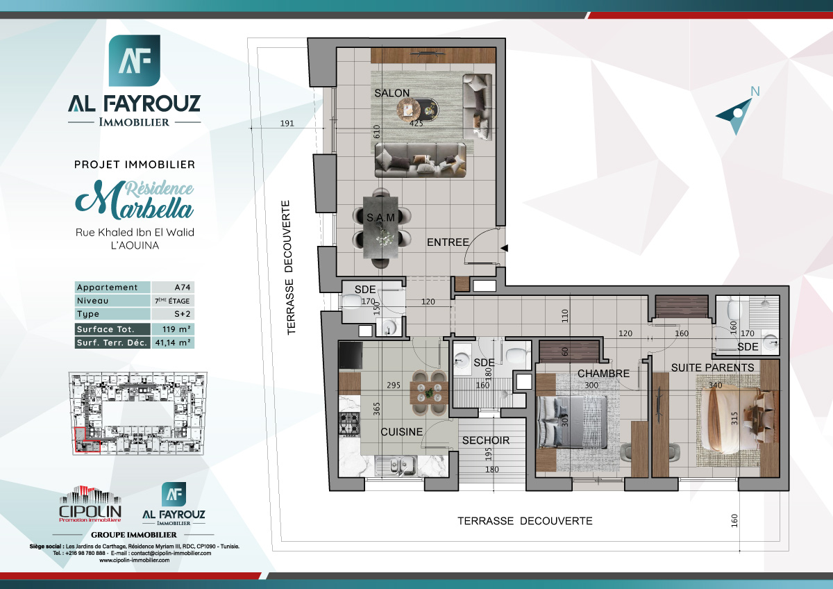 Plan de l'appartement A74 de la résidence Marbella