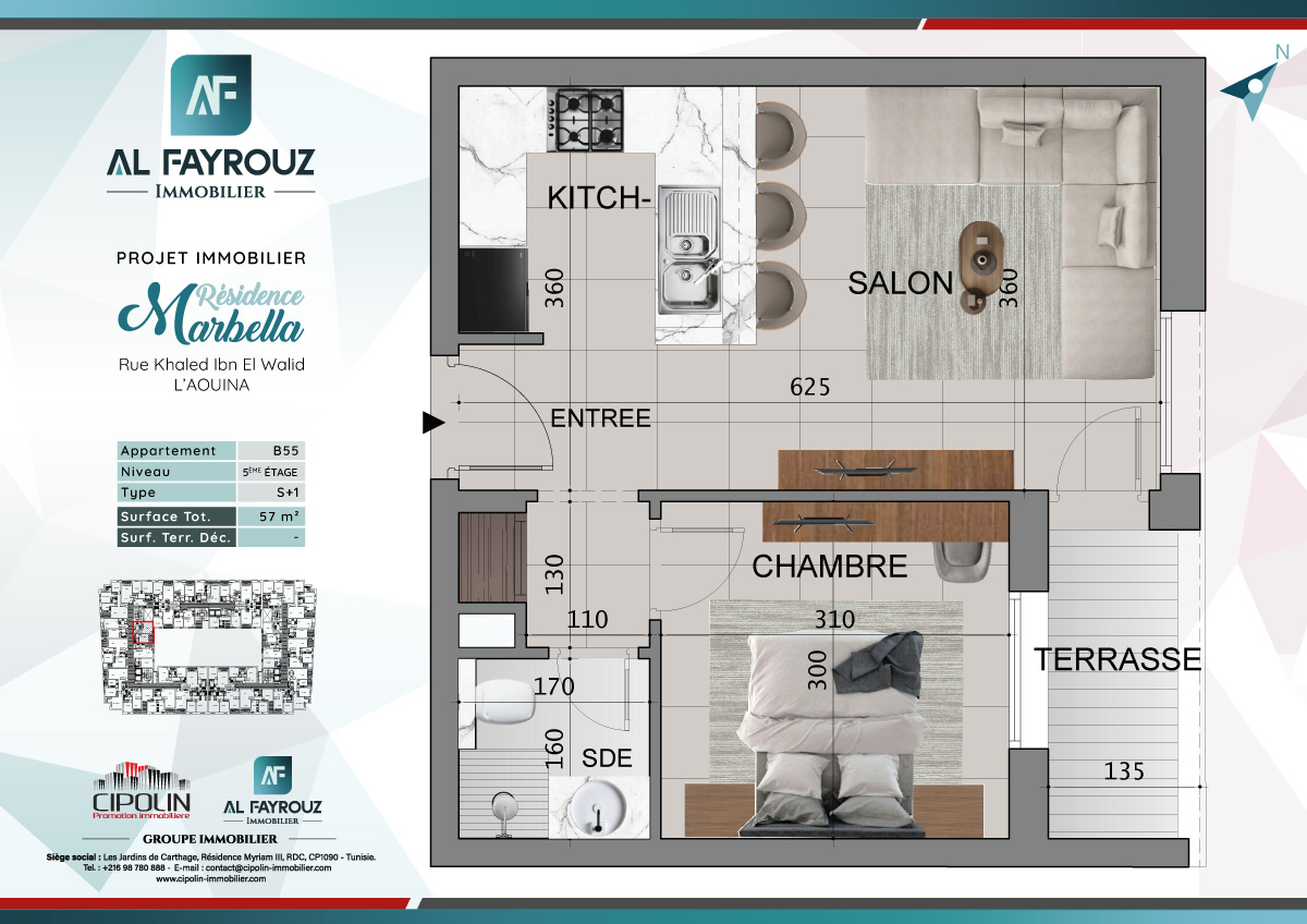 Plan de l'appartement B55 de la résidence Marbella