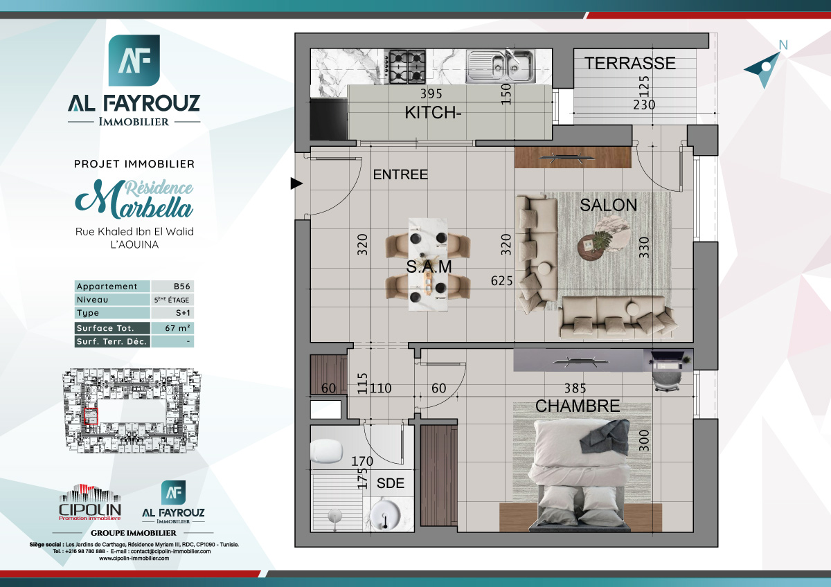 Plan de l'appartement B56 de la résidence Marbella