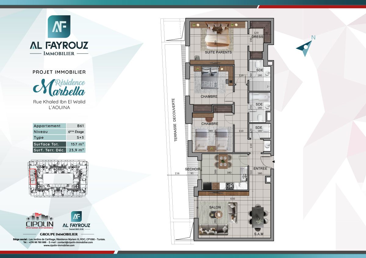 Plan de l'appartement B61 de la résidence Marbella