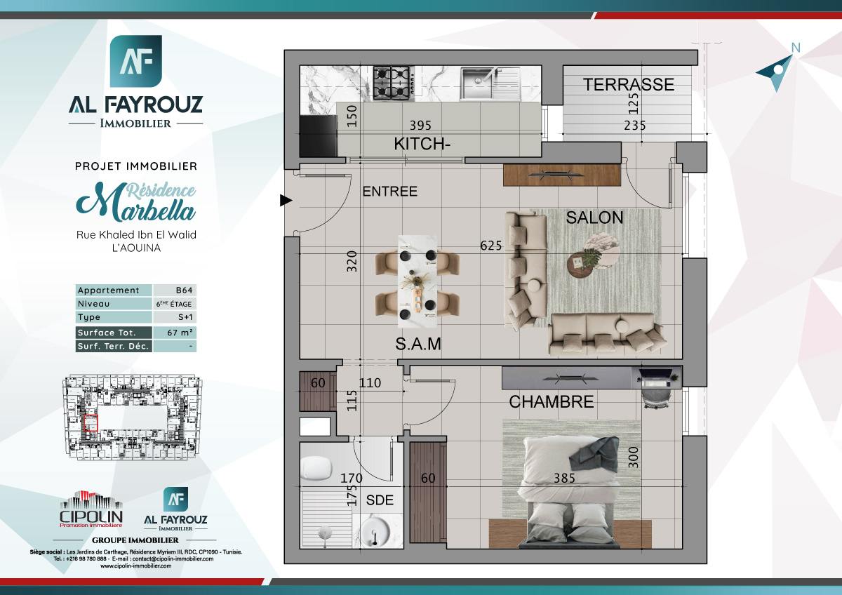 Plan de l'appartement B64 de la résidence Marbella