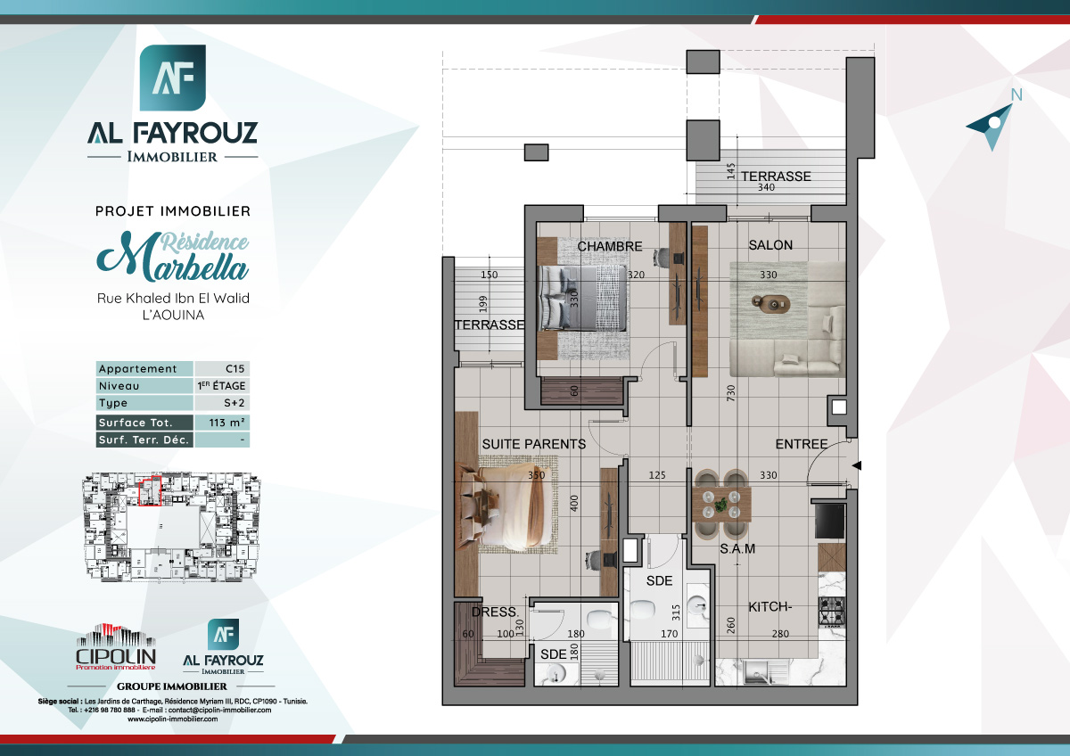 Plan de l'appartement C15 de la résidence Marbella