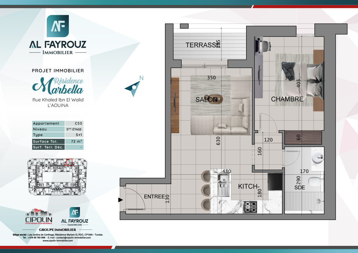 Plan de l'appartement C53 de la résidence Marbella