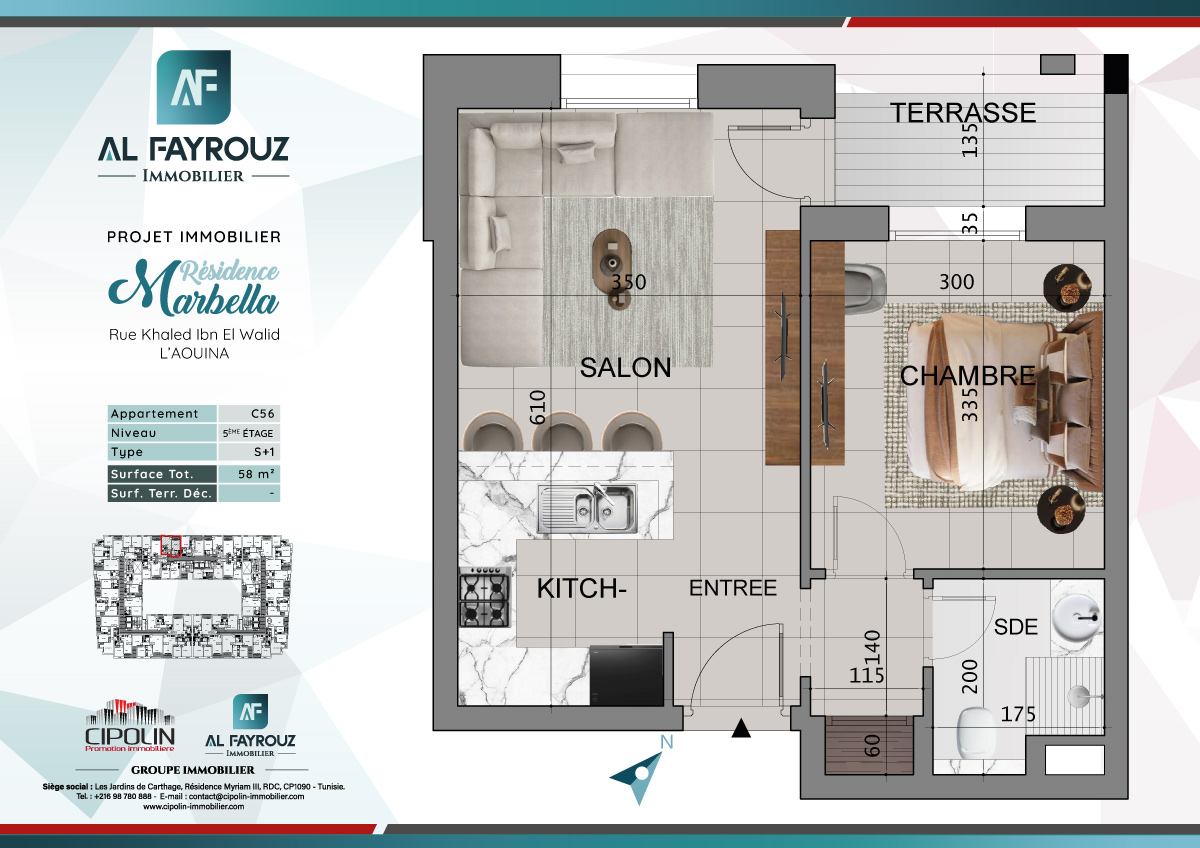 Plan de l'appartement C56 de la résidence Marbella