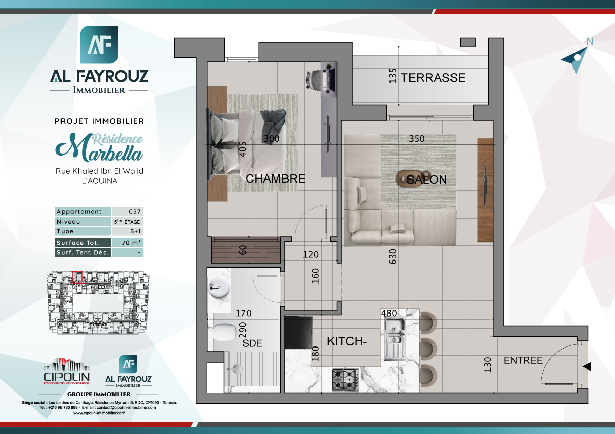 Plan de l'appartement C57 de la résidence Marbella