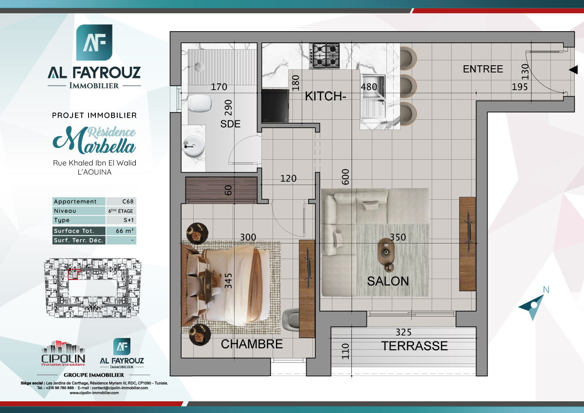 Plan de l'appartement C68 de la résidence Marbella