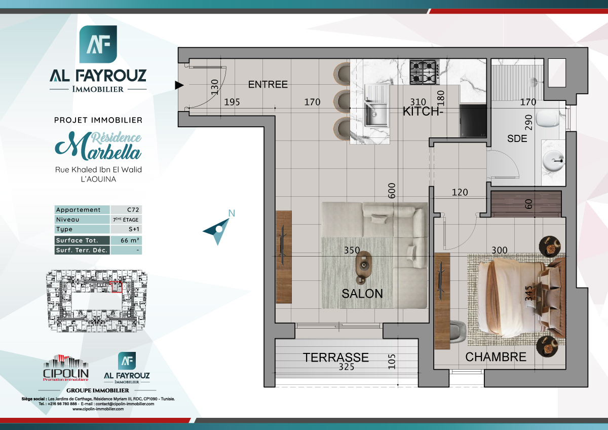 Plan de l'appartement C72 de la résidence Marbella