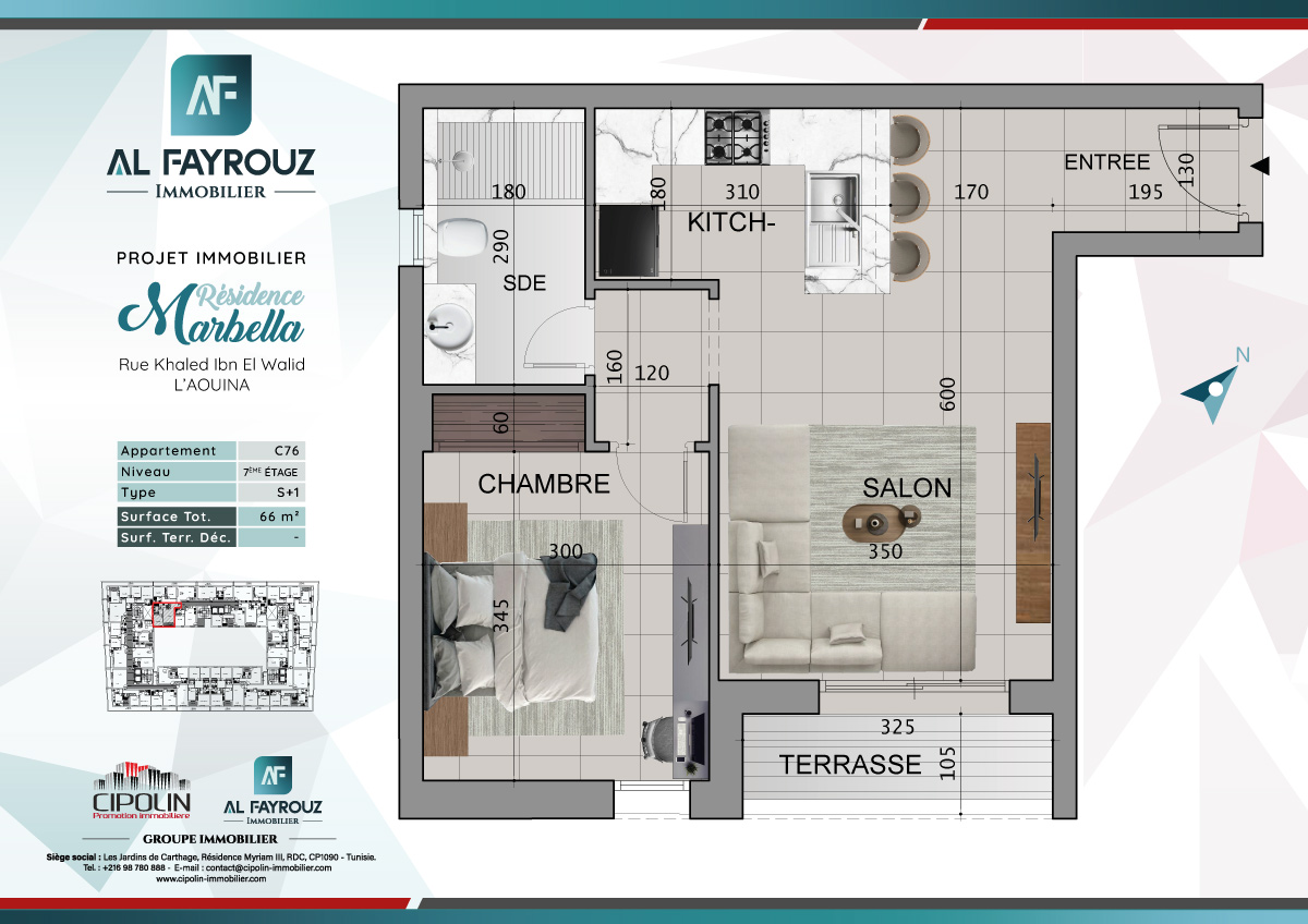 Plan de l'appartement C76 de la résidence Marbella