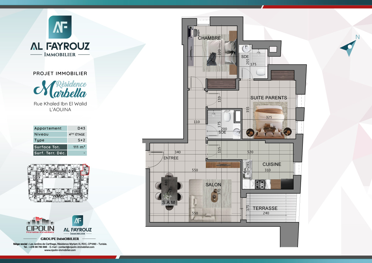 Plan de l'appartement D43 de la résidence Marbella