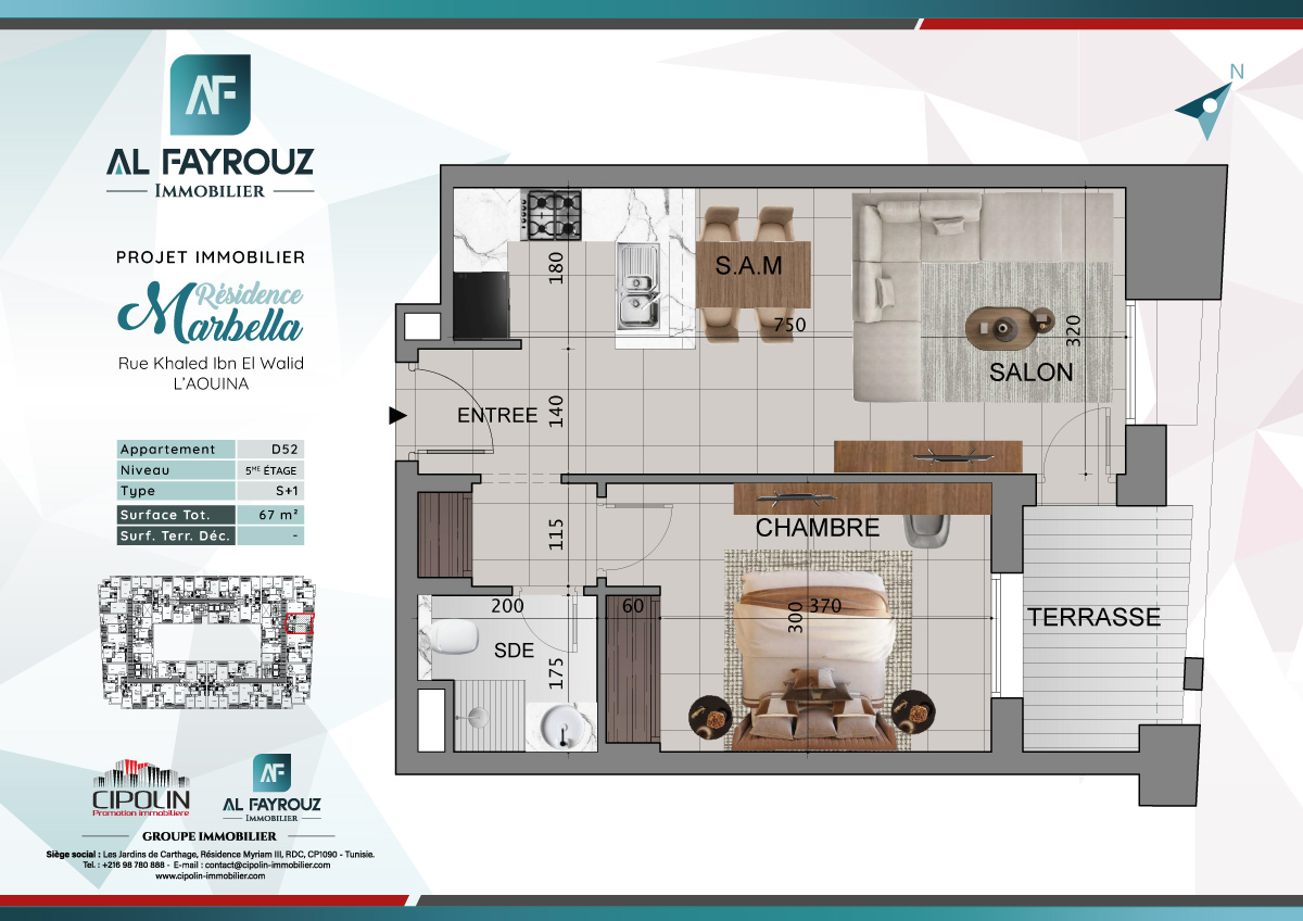 Plan de l'appartement D52 de la résidence Marbella