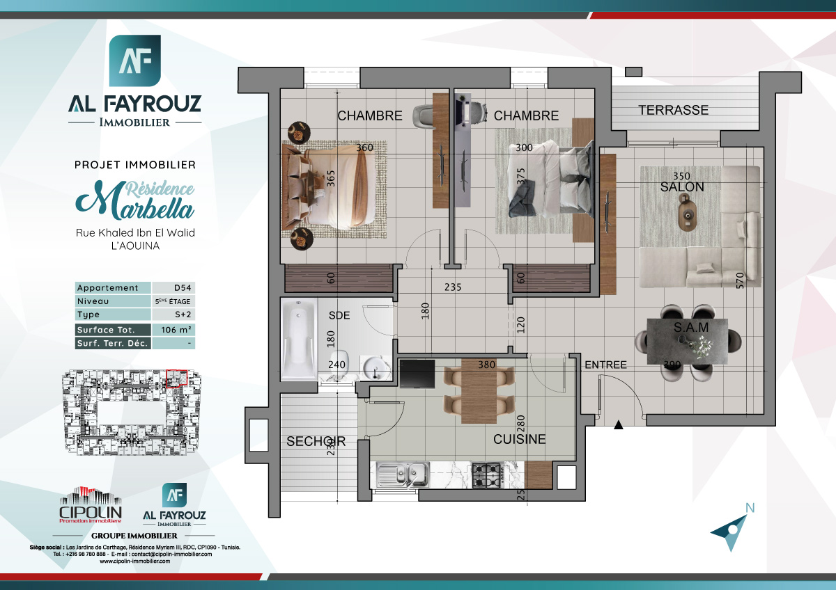 Plan de l'appartement D54 de la résidence Marbella