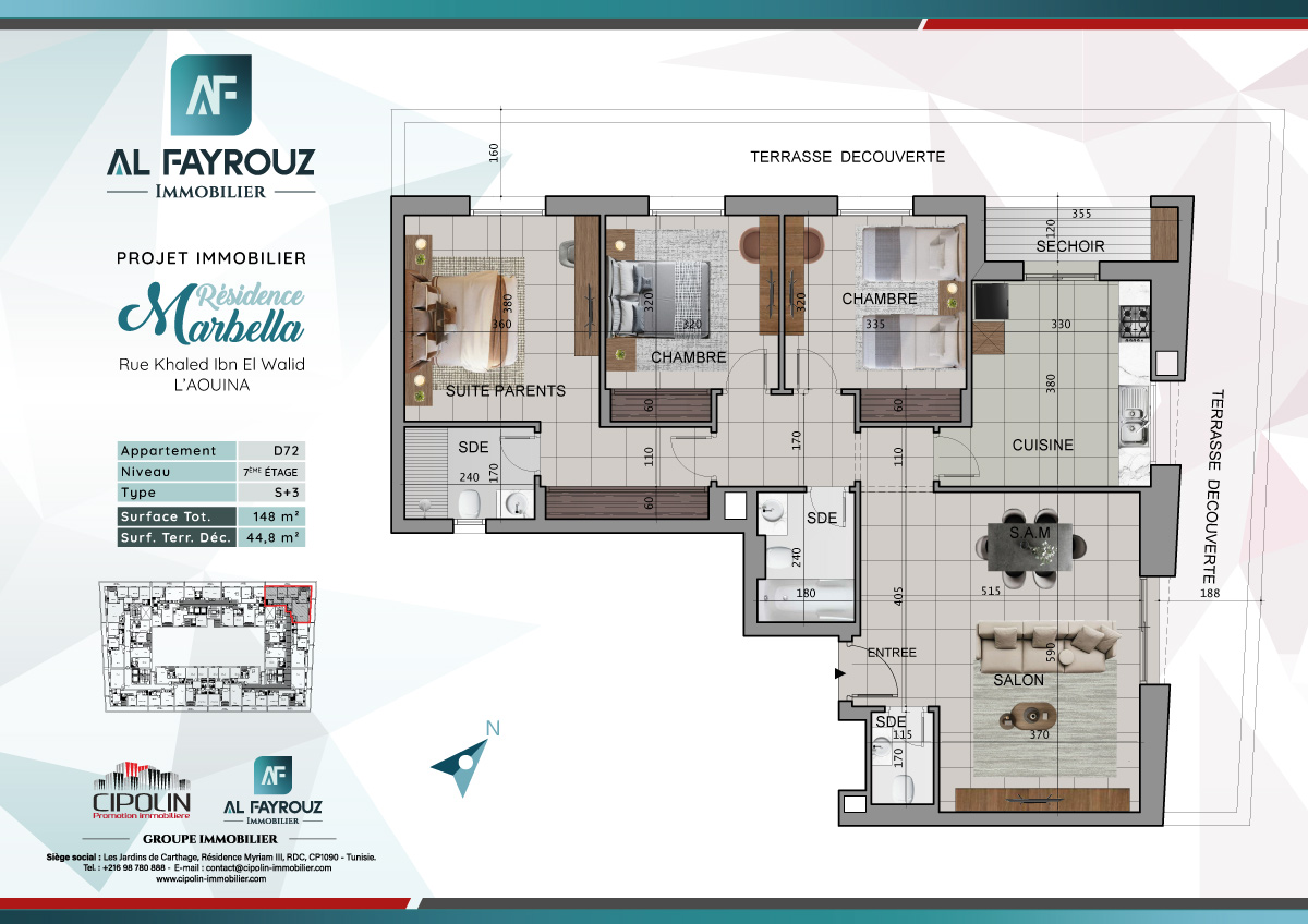 Plan de l'appartement D72 de la résidence Marbella