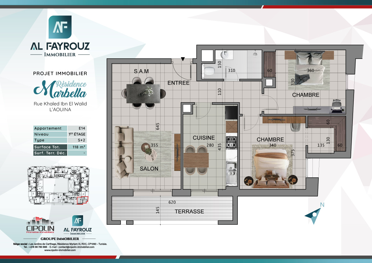 Plan de l'appartement e14 de la résidence Marbella