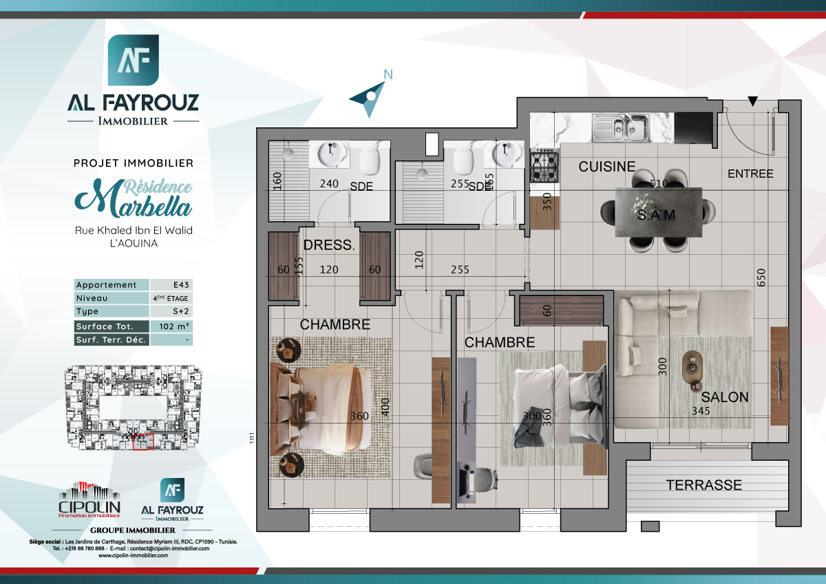 Plan de l'appartement E43 de la résidence Marbella