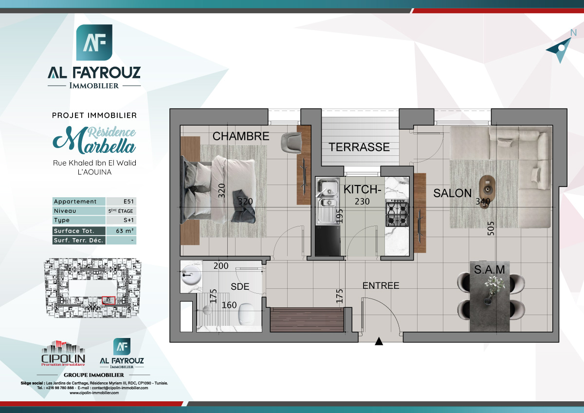 Plan de l'appartement E51 de la résidence Marbella