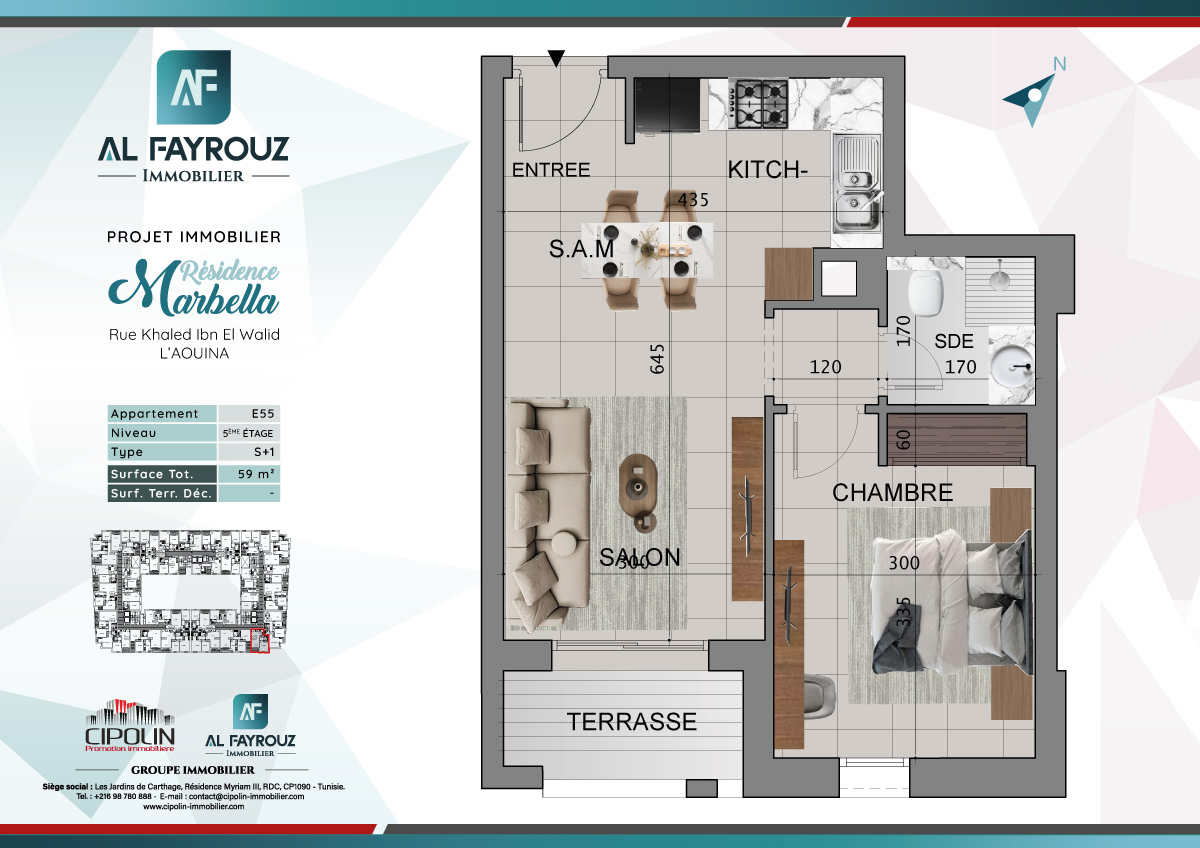 Plan de l'appartement E55 de la résidence Marbella