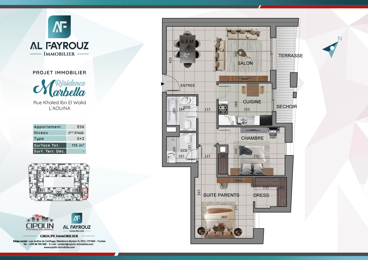 Plan de l'appartement E56 de la résidence Marbella